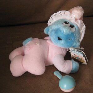 Vintage Baby Girl Smurf Plush w' Rattle 1983 Stuffed Animal 8”